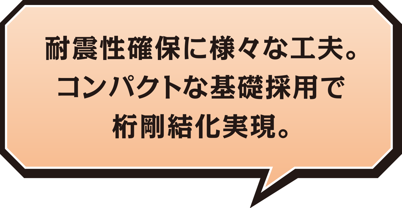 耐震性確保に様々な工夫。コンパクトな基礎採用で桁剛結化実現。