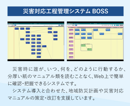 災害対応工程管理システムBOSS：災害時に誰が、いつ、何を、どのように行動するか、分厚い紙のマニュアル類を読むことなく、Web上で簡単に確認・把握できるシステムです。
システム導入と合わせた、地域防災計画や災害対応マニュアルの策定・改訂を支援しています。